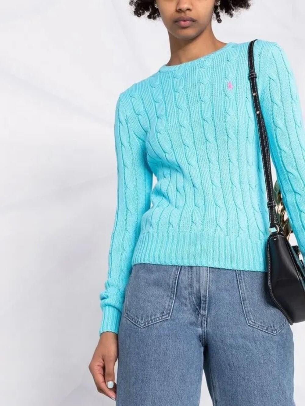 Preppy Old Money Chic Timeless Ralph Lauren CableKnit Aqua/Pink Crewneck Sweater